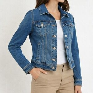 Anthropologie Blue Jean Jacket Petite Small Stretch Fitted Trucker Pilcro Button
